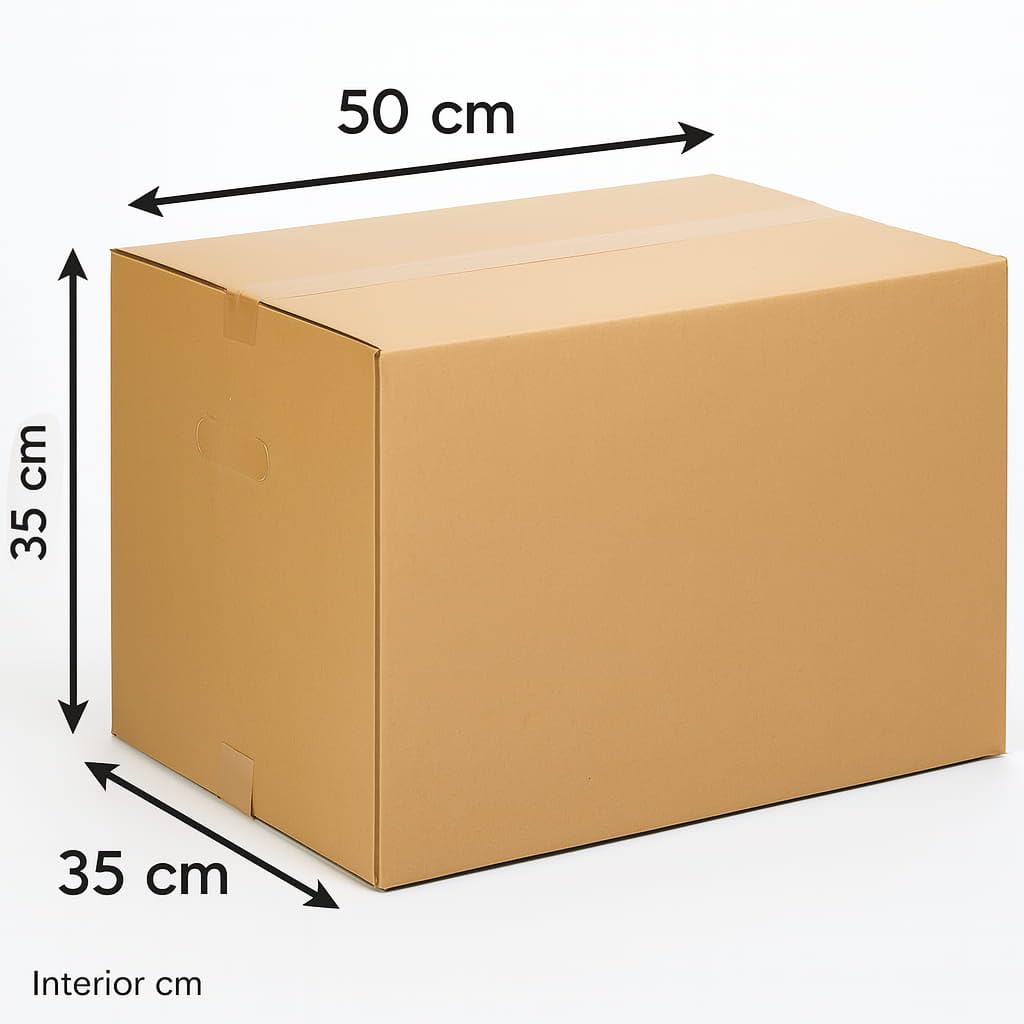 TELECAJAS | 10 Cajas 50x35x35 cm de Cartón con Asas de Mudanza Grandes Resistentes | Ideales para Ropa y Envíos | Regalo 1 Precinto Adhesivo cierre de Cajas | Pack de 10 + Cinta
