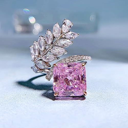 Women's 925 Sterling Silver Plated Princess Cut Simulated Pink Topaz CZ Vine Leaf Adjustable Open Ring for Wedding Engagement Promise2