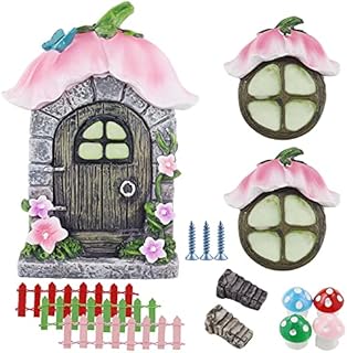 SPTwj Fairy Door and Windows for Trees Miniature Glow in the Dark Mystical Sculptures Home Garden Resin Figurines Statue with Mushroom Kit Accessories for Trees Decoration Outdoor Yard Lawn Ornaments
