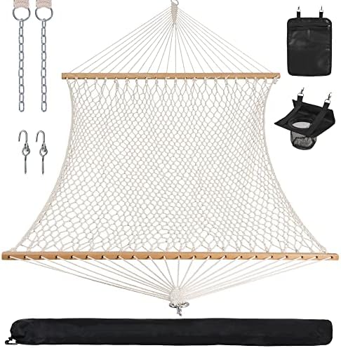 ANOW Rope Hammock Double Hammock with Hardwood Spreader Bar and Carrying Bag, 450 LBS Weight Capacity for Two Person, Natural