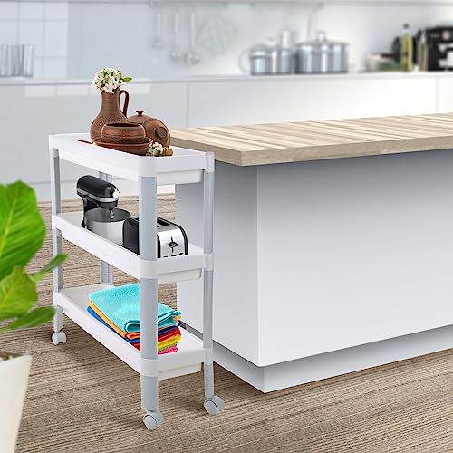 Nayasa Slim Trolley 3 Layers | Kitchen Organizer | Multipurpose | Pantry Storage Organizer | Bathroom Storage | Trolley with Wheels | White