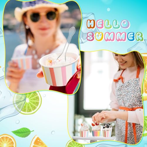 Image of Boao 100 Set 5 oz Ice Cream Cups with Spoons Disposable Paper Sundae Dessert Bowls Summer Party Supplies (Striped Style)
