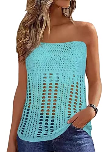 Summer Sexy Strapless Bandeau Tank Tops for Women Sleeveless Knitted Hollow Out Top Casual Fashion Shoulder Tube Vest