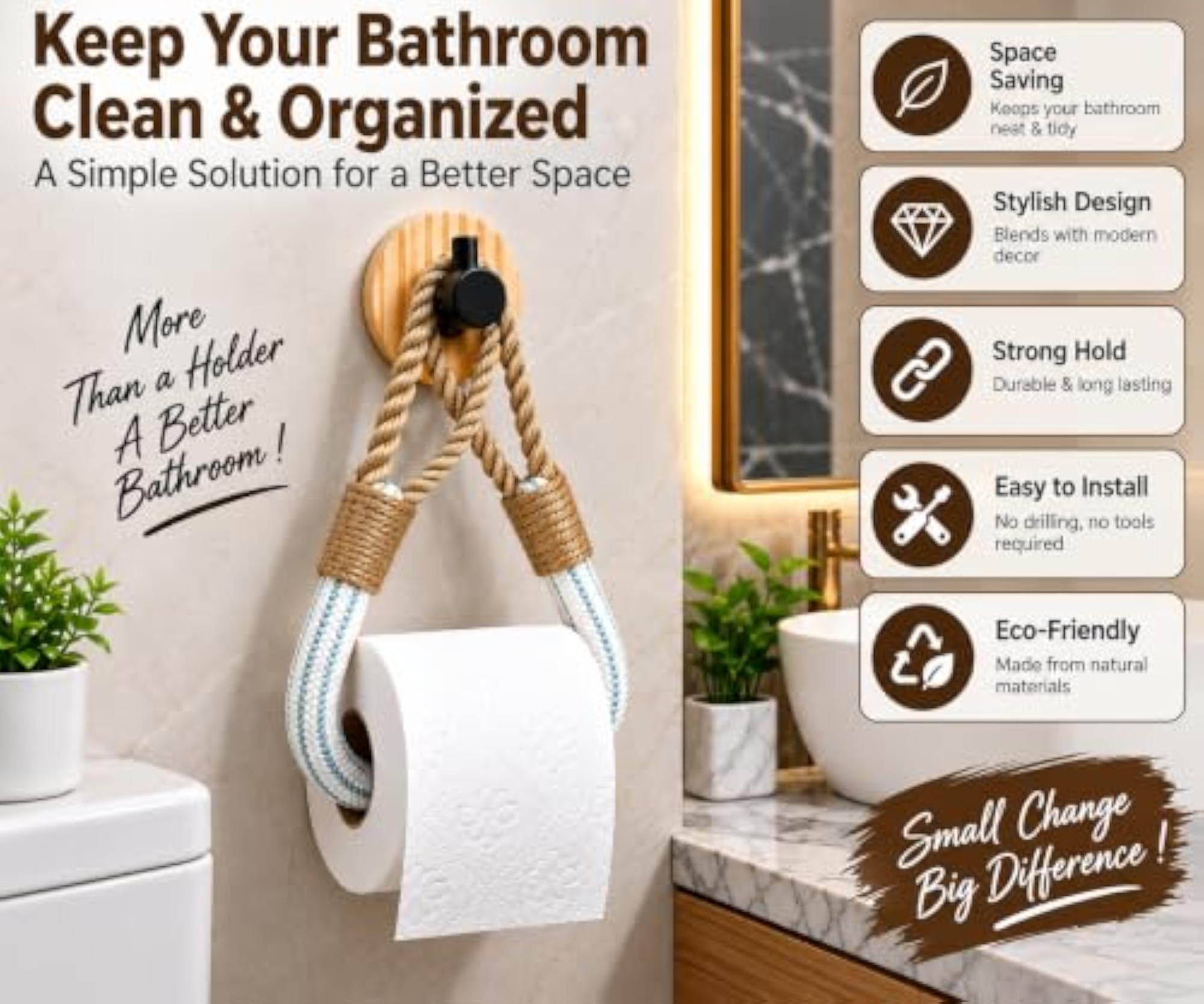 Home Decor Bamboo & Rope Toilet Roll Hanger