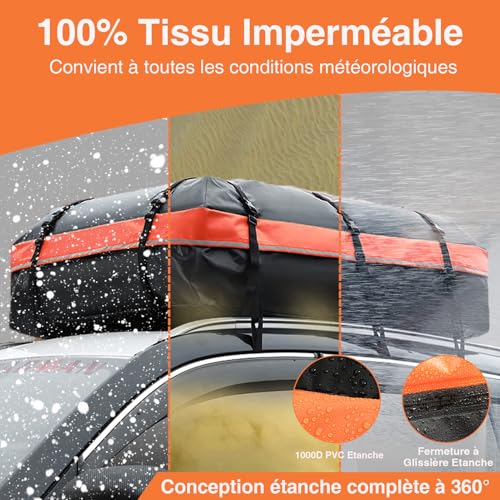 JOBYNA Sac de Toit Voiture, 100% étanche sur Le Toit du Véhicule pour Toutes Les Voitures avec/sans Porte-Bagages avec Tapis antidérapant, 6 Crochets de Porte, Sac de Rangement (585L/21 Pieds Cubes)