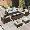 MIXPATIO Patio Furniture Set, 6 Pcs Wicker Outdoor Conversation Set, 2 x Single Chairs, 1 x 3 Seater Sofa and 2 x Ottoman with 4" Thick Cushion and 56" Firepit Table, Blue