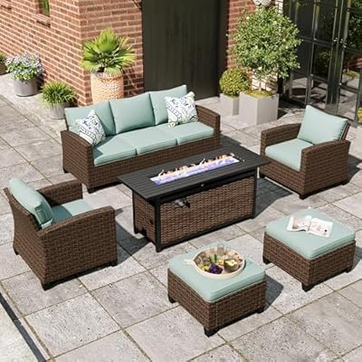 MIXPATIO Patio Furniture Set, 6 Pcs Wicker Outdoor Conversation Set, 2 x Single Chairs, 1 x 3 Seater Sofa and 2 x Ottoman with 4" Thick Cushion and 56" Firepit Table, Blue
