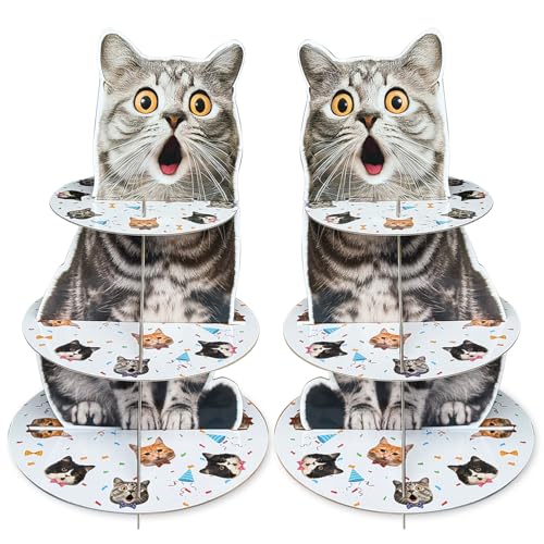 2 Pack Cat Cupcake Stand Birthday Party Decorations Supplies, Cat