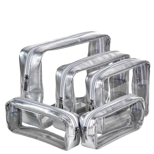 Image of Remobia Hicol TSA Approved 5-Piece Diaper Bag Organizer Pouch Set Clear Waterproof TPU Kids Toiletry Storage Set Travel Packing Clutch Cube Bags for Baby Nursing(Silver leather)