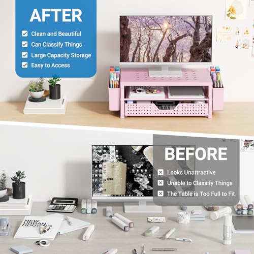 Image of OPNICE Laptop Stand for Desk Organizer and Accessories, 2-Tier Computer Monitor Stand Riser with Drawer and 2 Pen Holders, Ventilated Perforated Steel Top, Office Desk Accessories for Home Office Supplies, Pink