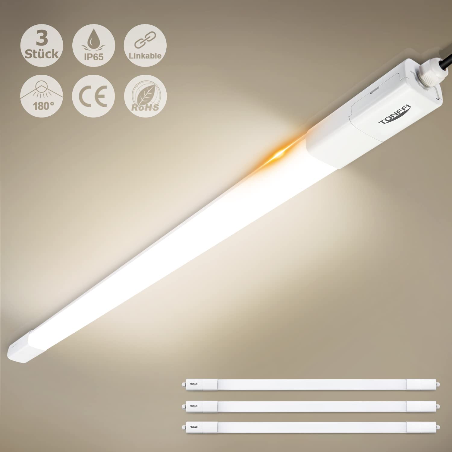 TONFFI 3 Stück LED Feuchtraumleuchte 115CM, LED Röhrenlampe, Verknüpfbar 4000K Neutralweiß 36W 4100LM Feuchtraumlampe Wannenleuchte Deckenleuchte IP65 Wasserfest für Garage Keller Werkstatt Bad Büro