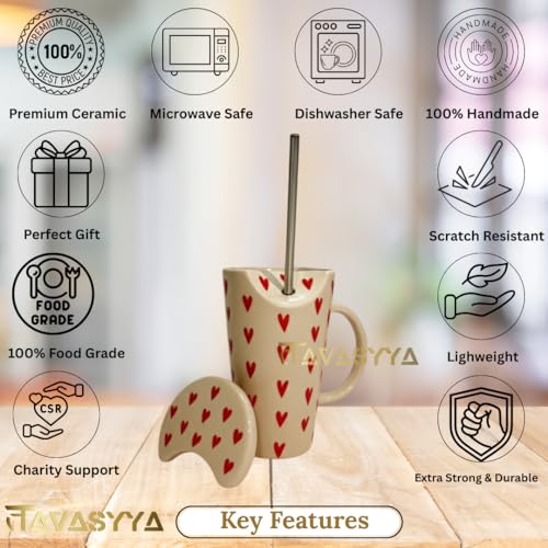 Image of Handmade Ceramic Mug, Tumbler with Lid & Straw Beige with Red Heart Print Tumbler, Cup for Hot & Cold Beverages | Microwave & Dishwasher Safe | Perfect for Gifting (Red Heart)