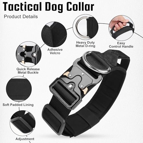 Ledeak Taktisches Hundehalsband mit Griff, Weich Gepolstert Verstellbares Hunde Halsband, Nylon Breit Trainings Halsband, Robuster Dog Collar mit Metallschnalle für Mittlere Große Hunde (Schwarz, L)