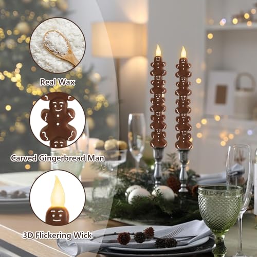 Image of Crystal Club Christmas Flameless Taper Candles with Remote, Carving Gingerbread Men Battery Operated Flickering LED Candlesticks for Holiday Party Decor, Table Centerpiece, Set of 2