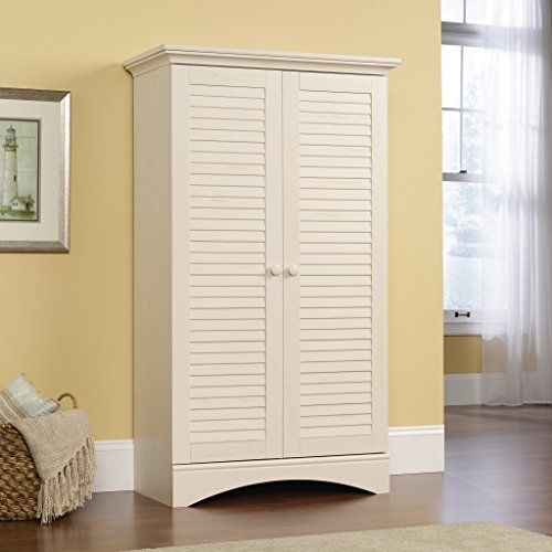 Sauder Harbor View Storage Cabinet, L: 35.43" X W: 16.73" X H: 61.02", Antiqued White Finish #TOP1