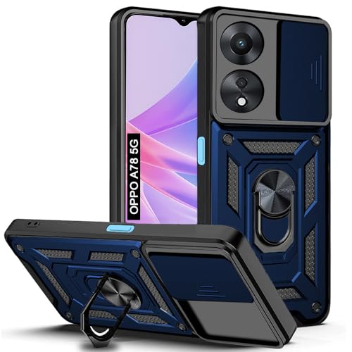 Image of AESTMO Polycarbonate Tough Armor Oppo A78 5G Bumper Back Case Cover | Ring Holder & Sliding Camera Shield Cover | 360 Degree Protection Back Case Cover for Oppo A78 5G (Blue)