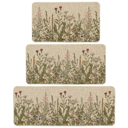 Artoid Mode Wildflower Spring Floral Kitchen Mats Set of 3, Flowers Summer Holiday Party Low-Profile Floor Mat for Home Kitchen - 17