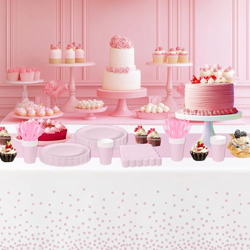 Image of White and Pink Party Decorations Tablecloth, 3 Pack Disposable Light Pink Dot Table Cover Printed Table Runner for Birthday Baby Bridal Shower Wedding Anniversary Graduation, 86in x 55in