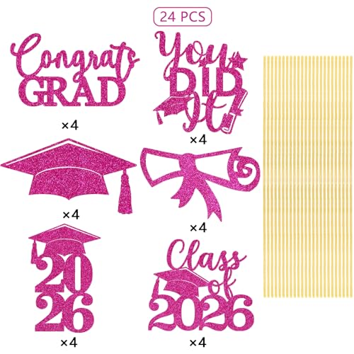 Image of Graduation Centerpiece Sticks 24PCS Glitter Grad Picks Party Table Decor Senior High School College Sign HotPink