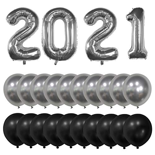 Tuoyi 2021 Happy New Year Party Balloons Kit, 2021 Big Balloons Banner with 20pcs Balloons (Silver)