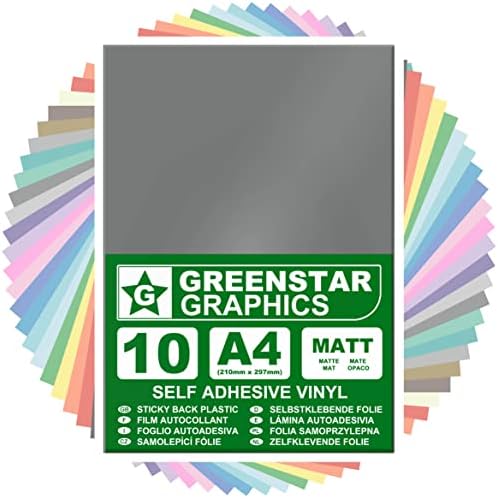 GREENSTAR GRAPHICS® A4 Sticky Back Plastic Self Adhesive Craft Vinyl (10 Sheet Pack) Arts & Crafts, Stickers, DIY. Compatible with 12 Cricut, Cameo/Curio/Portrait, ScanNCut (Black Gloss A4)