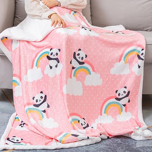 Jurllyshe Pink Rainbow Panda Blanket Pandas Throw for Girls Cute Pandas Gifts Soft Flannel Panda Blankets for Panda Lovers Flowers Panda Stuffed Decor (Pink Rainbow Panda, 50 x 60 Inch)