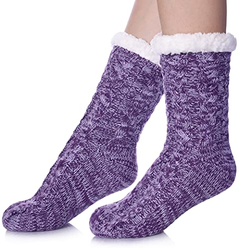 SDBING Womens Winter Super Soft Warm Cozy Fleece Lined Fuzzy Slipper Socks with Grippers (Dark Purple AB 6-10)
