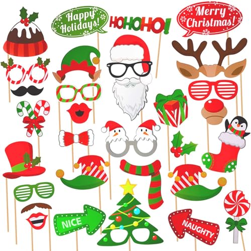 sunepany Christmas Photo Booth Props Kit, 32pcs Funny Paper Christmas Party Games Favors Decorations Supplies for Adults and Family Friends Holiday Picture Selfie Props Backdrop Accesories