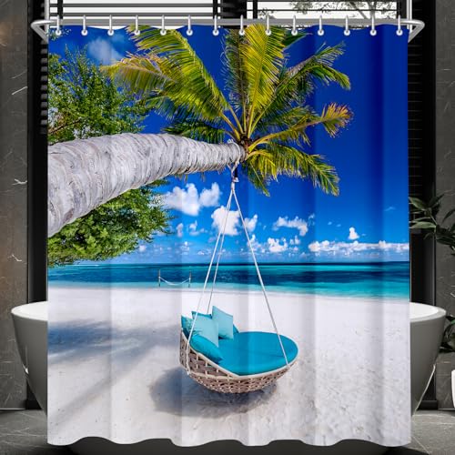 Lerores Beach Shower Curtain, Weighted Hem, Anti-Mould, Water-Repellent, Washable Polyester Bath Curtains with 12 Eyelets and Shower Curtain Rings for Bathroom, Bath, 180 x 180 cm