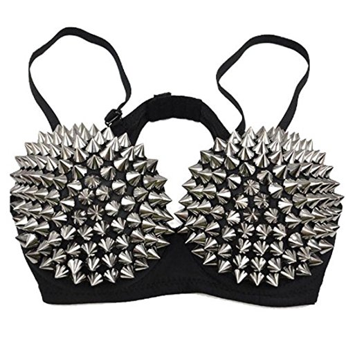 Punk Dancing Performance Gold Metallic Rivets Studded Strappy Bra Women Sexy Bras (S, Silver)2