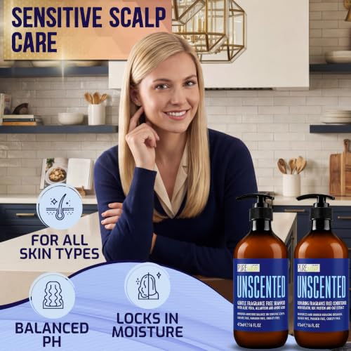 Image of Unscented Shampoo and Conditioner Set - Fragrance Free, Sulfate Free, Paraben Free - Moisturizing Hair and Scalp Care - Hydrating Salon Formula for Women and Men - 16 Fl Oz (Set of 2)
