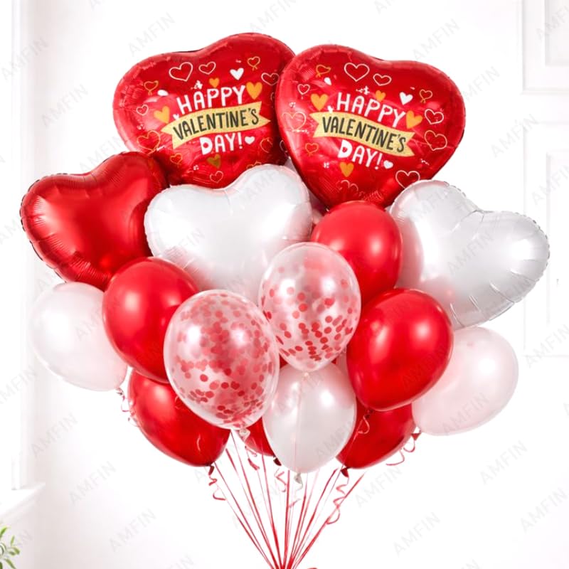 Image of AMFIN (Pack of 14) Happy Valentine's Day Balloon Decoration Set | Romantic Heart Foil Bouquet Metallic Helium Bunch Proposal Anniversary Celebration Party Decor - Red