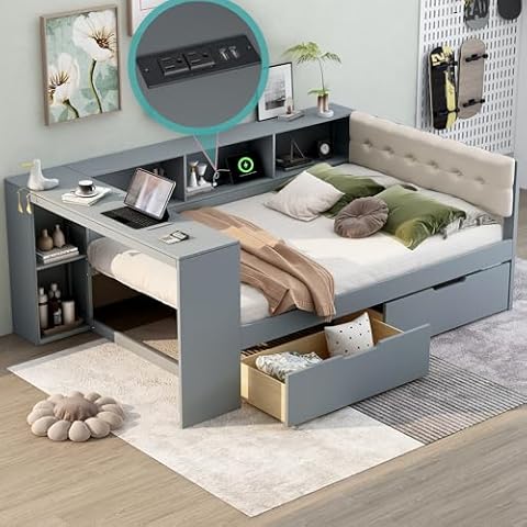 Polibi Full Size Wood Daybed with Storage Shelves, Built-in Desk, Under-Bed Drawers, Charging Station and Upholstered Headboard, Grey Cover