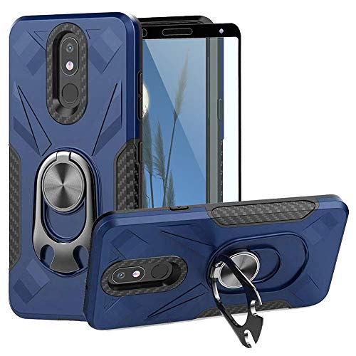 TJS Phone Case Compatible with LG Aristo 4,Aristo 4 Plus +,Escape Plus,K30 2019,Arena 2,Tribute Royal [Full Coverage Tempered Glass Screen Protector] Beer Opener Ring Magnetic Support Cover (Blue)