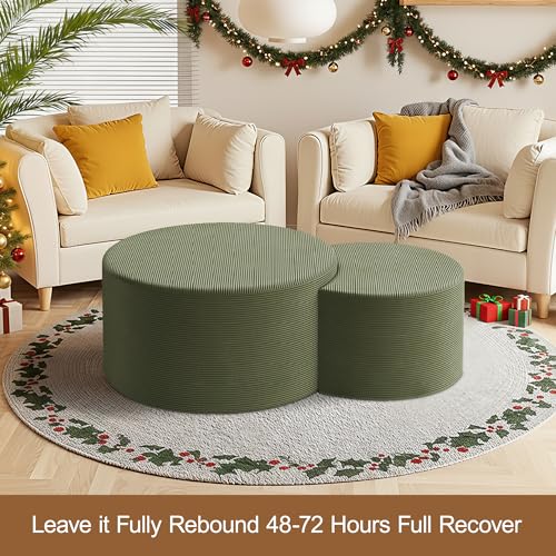 BSHOMGI Nesting Coffee Table Set of 2, Upholstered Round Corduroy Circle Foam Round Side Table for Living Room, Entryway Set, 32"+17" Footrest No Assembly (Green, 32"+17") by BSHOMGI - Used condition - Image 8