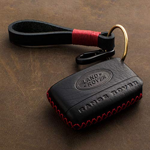 KMT Car Key Fob Case-Genuine Leather Key Cover Holder fit Land Rover Range Rover Sport Evoque LR4 Smart Key-Car Accessories Key Chain (Black+red Thread)