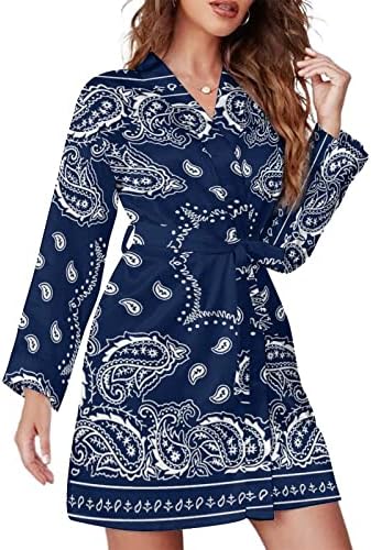 LOTSFUNS Women's Blue Bandana Paisley Flowers Ethnic Tribal Retro Robes Short Satin Nightgown Long Sleeves Sleepwear Oblique V-Neck Bathrobe for Women Teen Girls Ladies Bridesmaids Bride Wedding XL