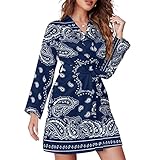 LOTSFUNS Women's Blue Bandana Paisley Flowers Ethnic Tribal Retro Robes Short Satin Nightgown Long S