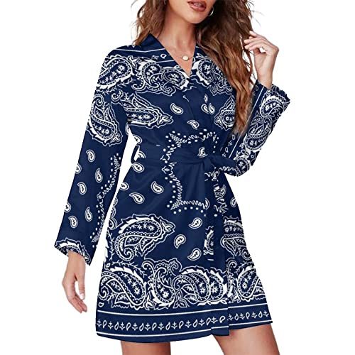 Lotsfuns Women's Blue Bandana Paisley Flowers Ethnic Tribal Retro Robes Short Satin Nightgown Long Sleeves Sleepwear Oblique V-Neck Bathrobe For Women Teen Girls Ladies Bridesmaids Bride Wedding Xl #TOP3