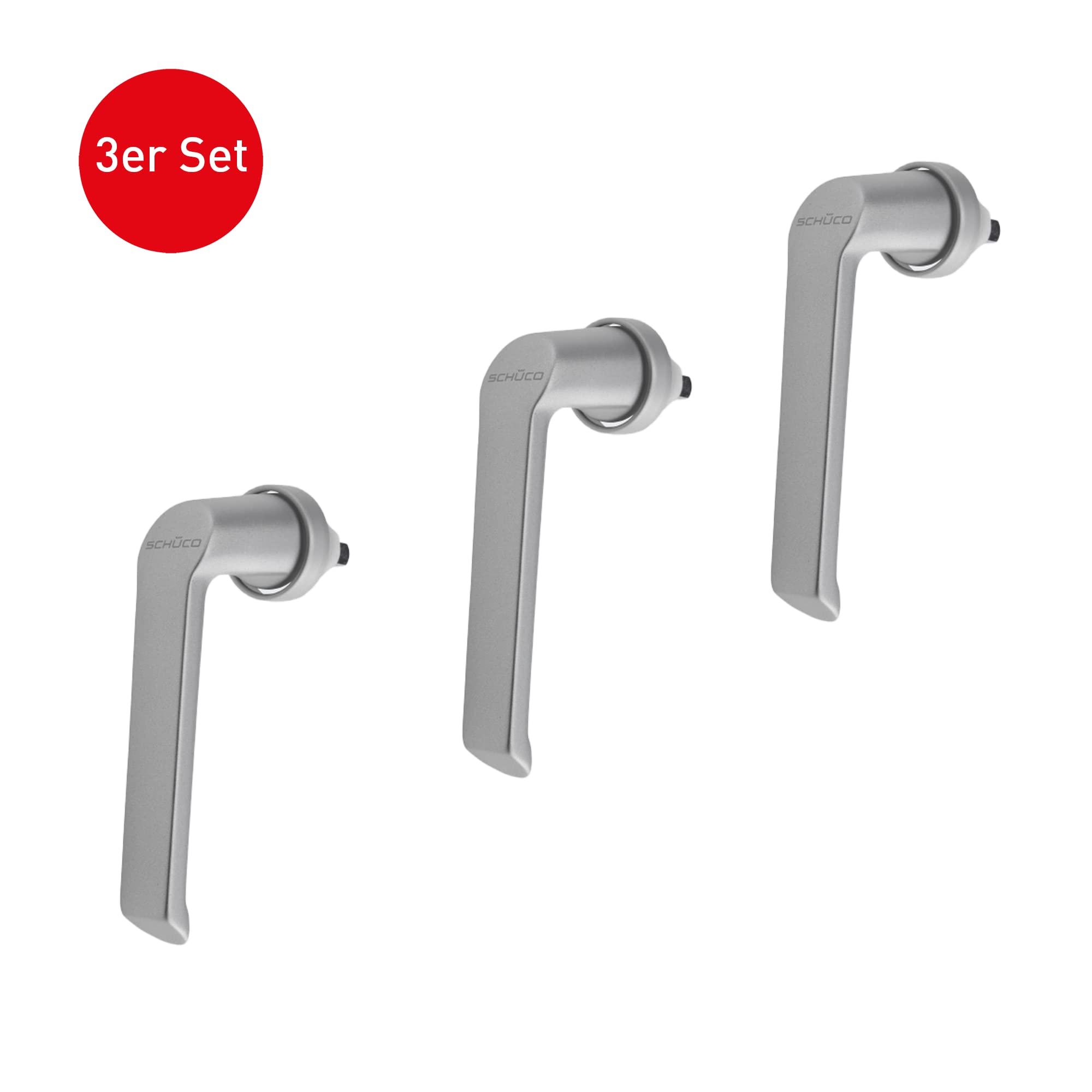 SCHÜCO Maniglia per finestra in alluminio in set risparmio da 3 pezzi, colore argento – EV1 | sistema Schüco | Sistema di profilo Royal S, AWS e AvanTec