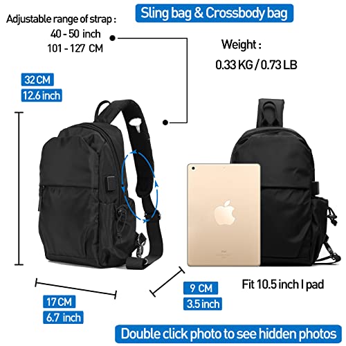 Small Black Sling Crossbody Backpack Shoulder Bag For Men Women, Lightweight Waterproof One Strap Backpack Sling Bag Backpack For Hiking Walking Biking Travel Cycling Usb Charger Port-Nylon #TOP3
