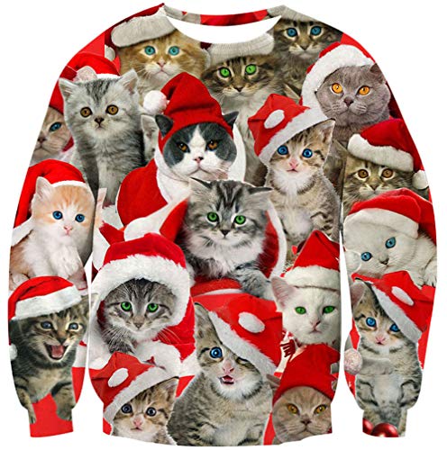 Goodstoworld Adult Ugly Christmas Sweater Girls Boys Funny 3D Cat Sweatshirts Hip Hop Juniors Xmas Cats Pullover Jumper Holiday Tacky Hoodie For Women Men