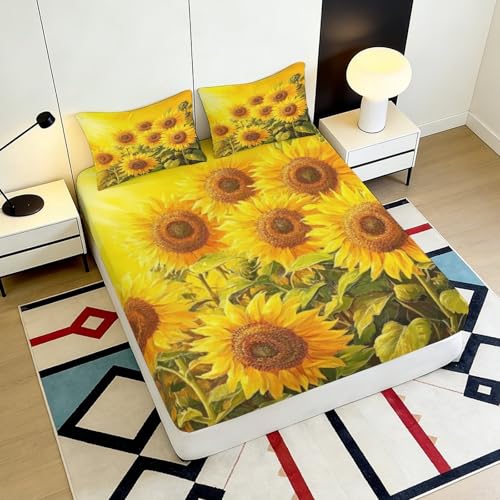 Drap housse imprimé tournesol 200x200 anti-plis et facile à border