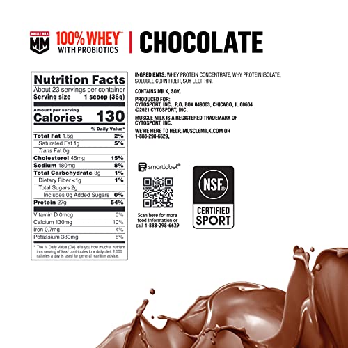 Image of Muscle Milk 100% Whey With Probiotics Protein Powder, Chocolate, 1.85 Pound, 23 Servings, 27g Protein, 2g Sugar, 1B CFU Probiotics, Low in Fat, NSF Certified for Sport, Packaging May Vary