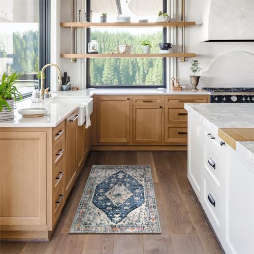 Lahome Boho Tribal Area Rug - 2x3 Small Front Door Rug, Soft Non Slip Washable Entryway Mat Bohemian Low Pile Throw Doormat Carpet for Living Room Kitchen Laundry Bedroom Bathroom, Blue