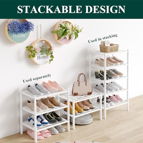 Smiry Bamboo Shoe Rack, 5 Horizontal Slats, 2 Tier - 17.3 Wide, White