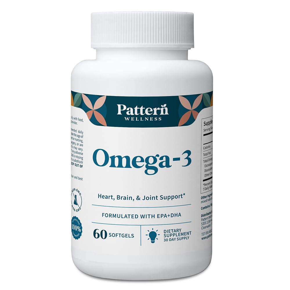 Pattern Wellness Omega 3 Softgels - Pure Fish Oil Formula - Helps Maintain Brain, Heart & Joint Health - 3rd Party Lab Tested - Non-GMO, Dairy-Free, Gluten-Free - 60 Softgels