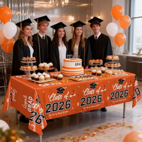 Image of Oigco Graduation Decorations Class of 2026, 2 Pack Orange Graduation Tablecloths, Congrats Grad Plastic Table Cloths for Graduation Party Decorations, 54 x 108 Inch