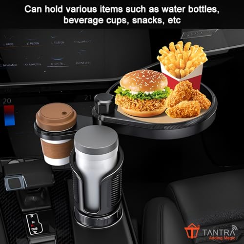 Image of TANTRA Premium Car Cup Holder with Food Tray - 2-in-1 Car Snack & Drink Organizer, Adjustable Swivel Arm, Universal Fit, Detachable Tray for Front Seat Travel,Car Interior Accessories