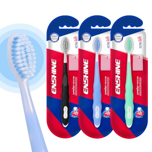 Image of Enshine Expert Protection Toothbrush for Adults - Pack of 3 | Double-Tapered Ultra Soft PBT Bristles | Premium Tooth Brush Set for Sensitive Gums | Deep Gum-Line Plaque Removal | Manual Toothbrush with Non-Slip Grip Multicolor